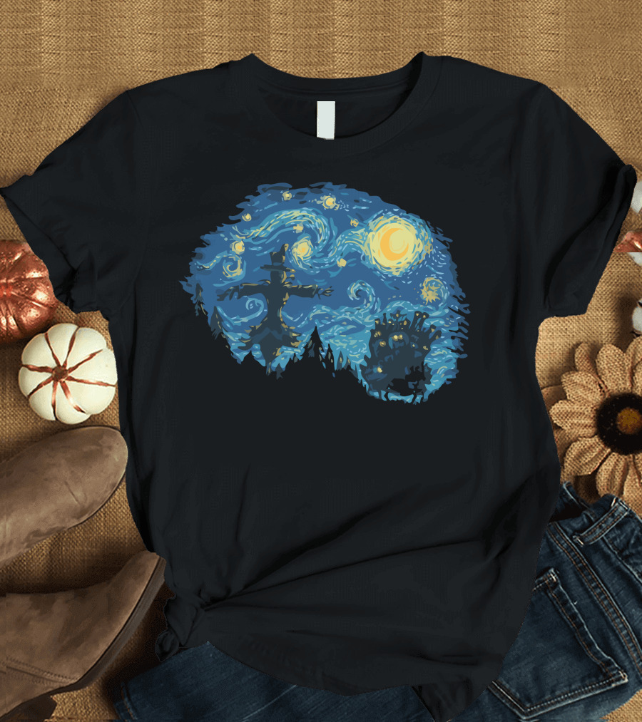 Van Gogh Starry Night Howl's Moving Castle Scarecrow and Night Sky T-Shirt