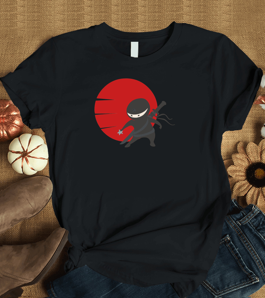 Little Ninja with Shuriken and Red Sun Background T-Shirt