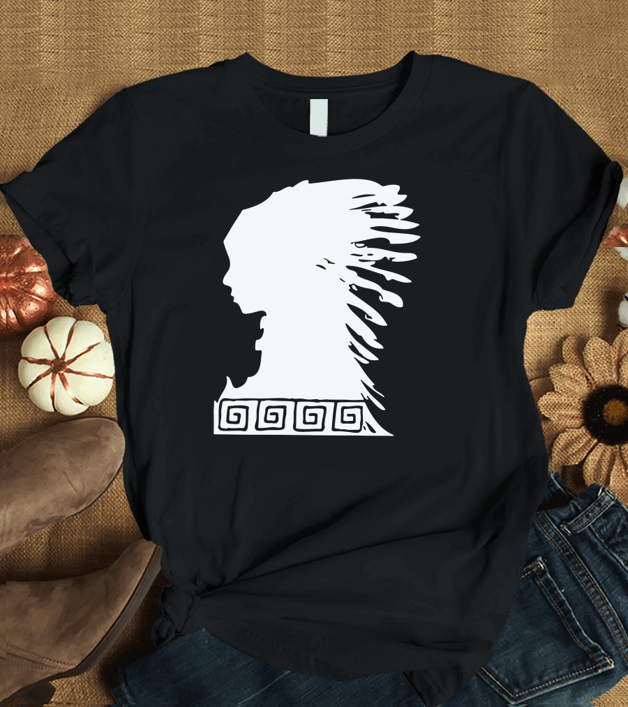 Native American Chief in Traditional Headdress with Tribal Swirls T-Shirt