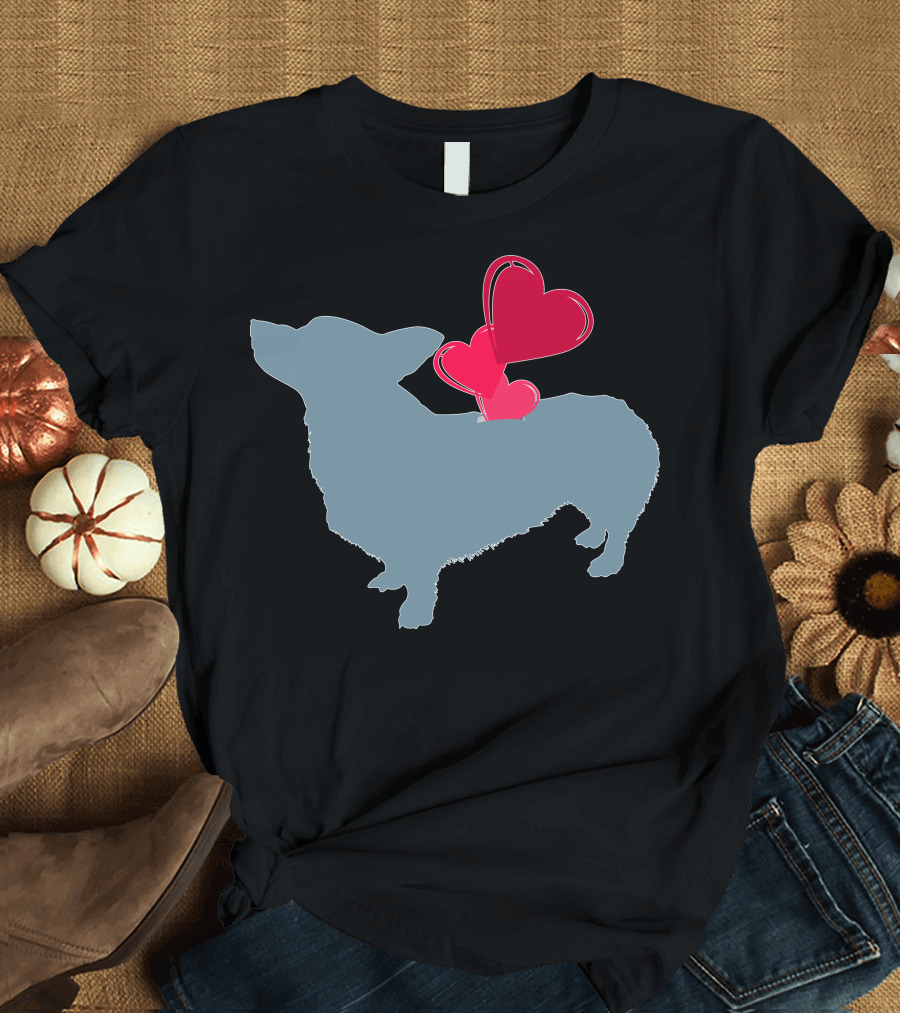 Pembroke Welsh Corgi Silhouette with Red Hearts T-Shirt