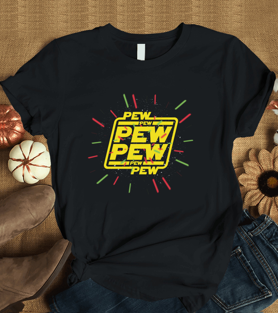 Pew Pew Pew Pew With Red and Green Starburst Elements T-Shirt
