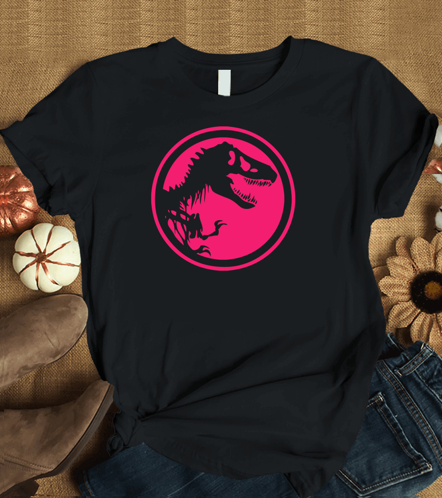 Raptor Dinosaur Skeleton in Pink Circle T-Shirt