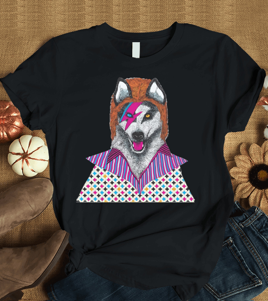 Wolf Stardog with Iconic Lightning Bolt Makeup in Colorful Ziggy T-Shirt