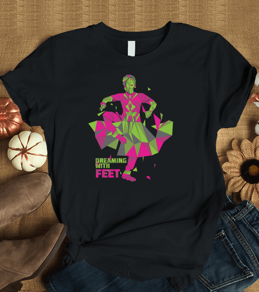 Dreaming With Feet Geometric Dancing Figure in Pink and Green Triangles T-Shirt