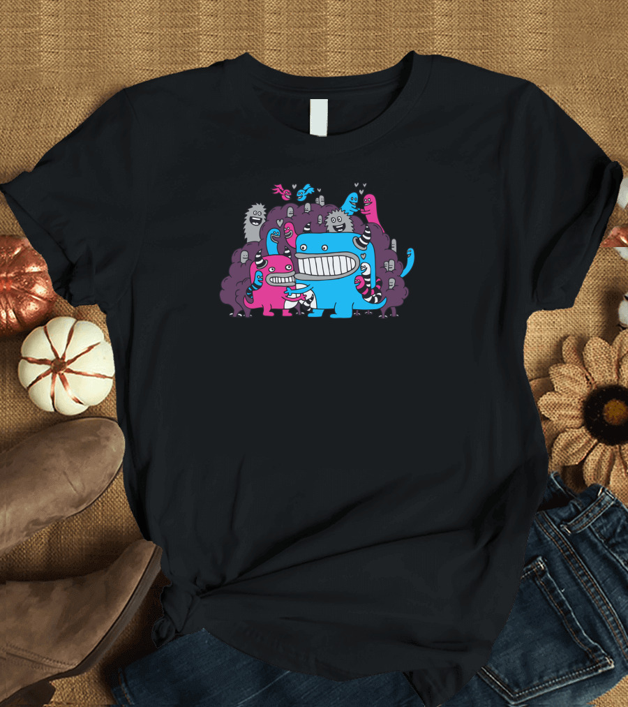 Happy Pink and Blue Monster Lovers Surrounded by Quirky Creature Friends T-Shirt