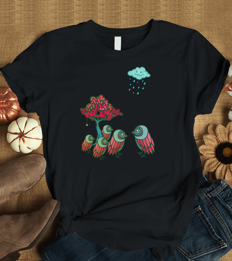 Owl Studies Colorful Birds Under Cloud and Red Tree T-Shirt