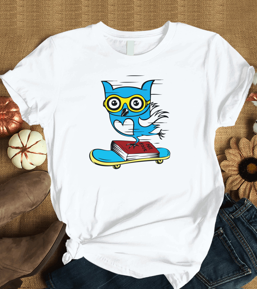 Owl With Art Book Riding Skateboard T-Shirt