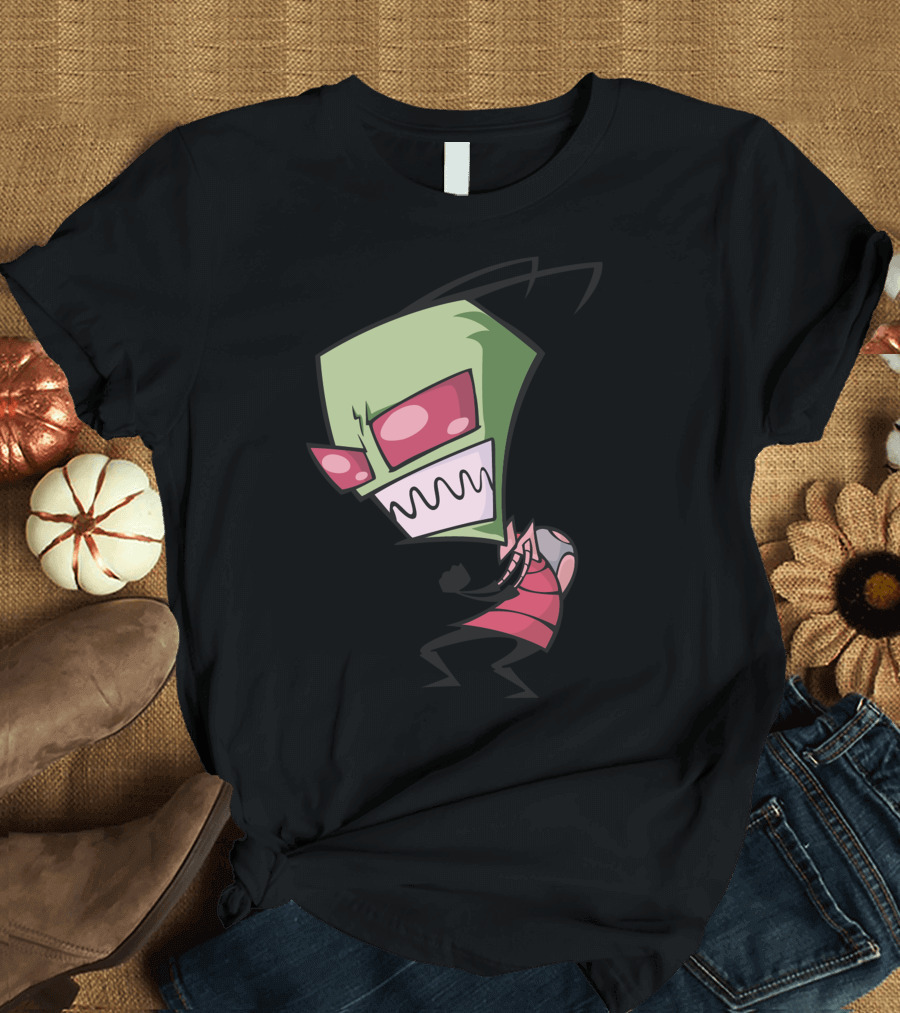 Invader Zim Cartoon Character with Green Head and Pink Stripes T-Shirt