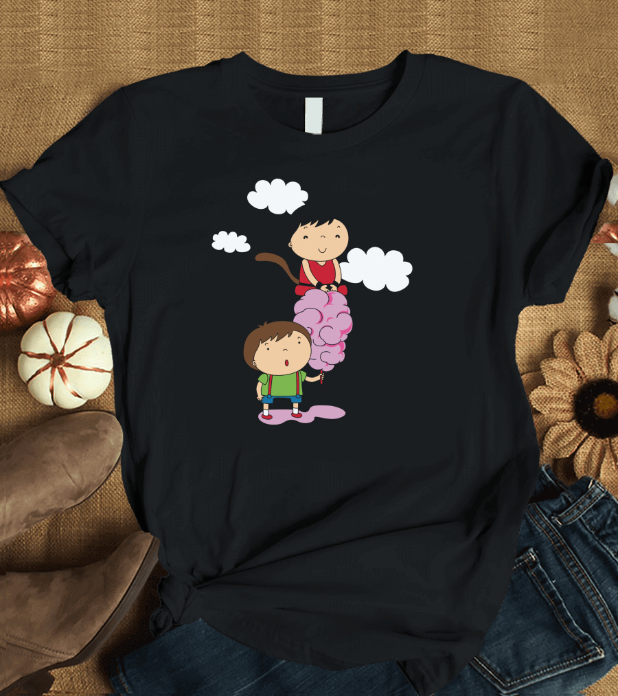 Goku Riding Cotton Candy with Child and Clouds T-Shirt