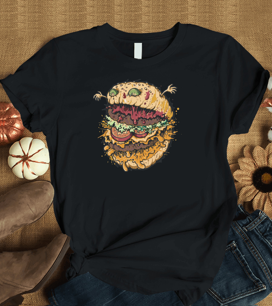 Monster Burger Creature with Dripping Cheese and Lettuce Layers T-Shirt
