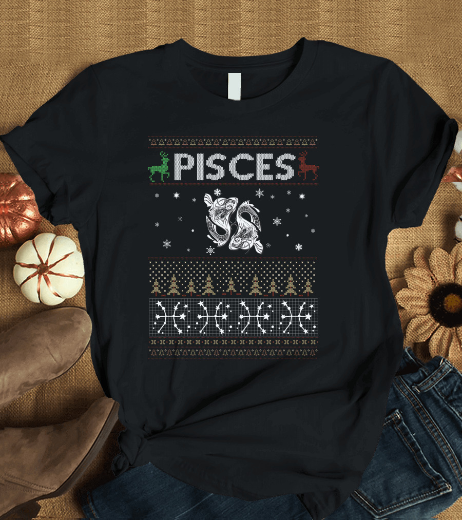 Pisces Ugly Christmas Sweater Zodiac Fish Snowflakes Reindeer T-Shirt