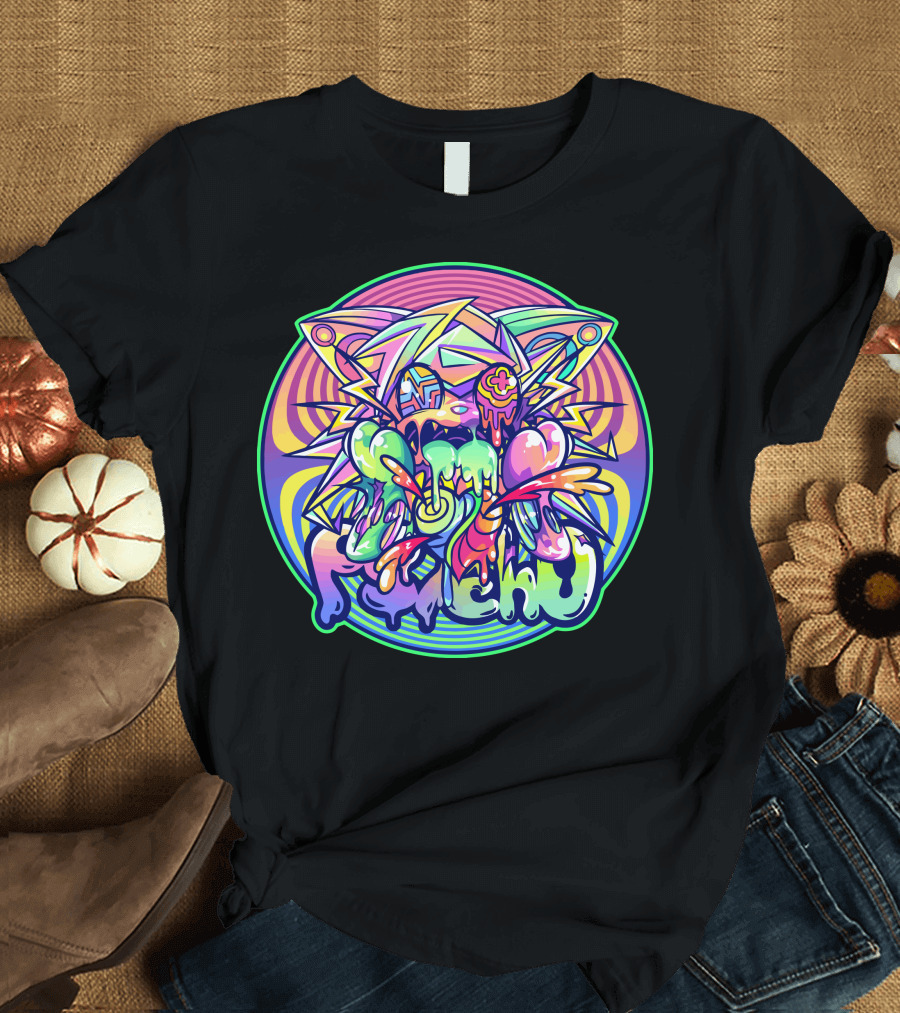 Psycho Cat Neon Melting Drip with Psychedelic Lightning Burst T-Shirt