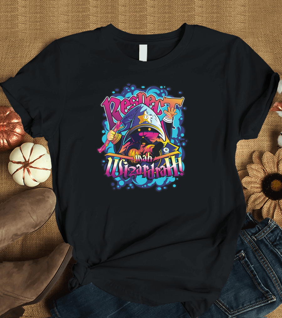 Respect Mah Wizardrah Multicolored Cloaked Figure with Staff and Vibrant Background T-Shirt