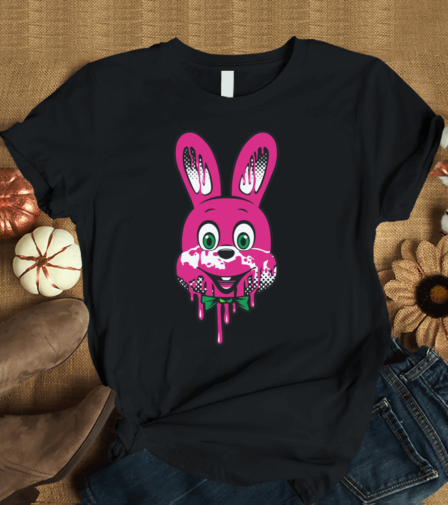 Robbie Melting Pink Bunny with Green Bow Tie and Dripping Paint Effects T-Shirt