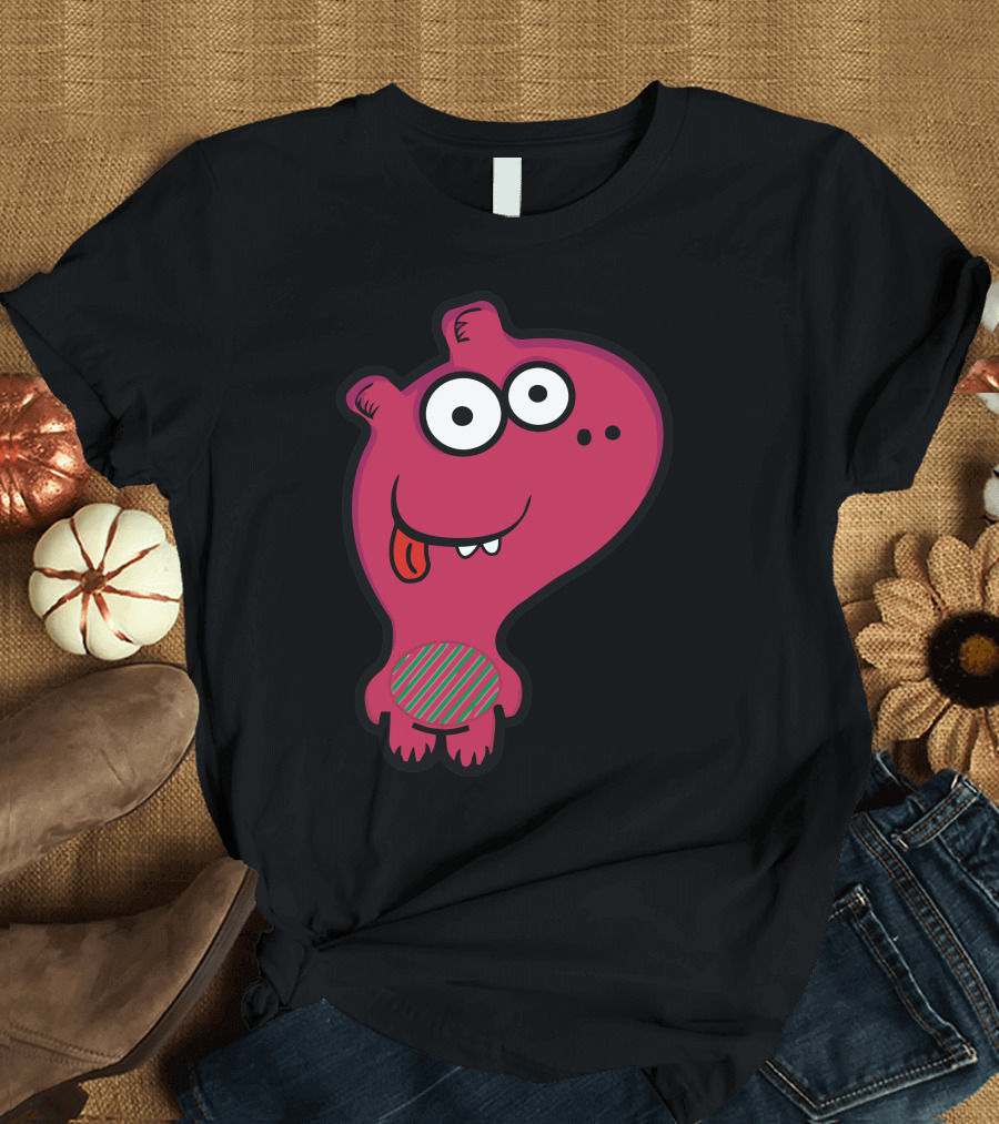 Rupert Cute Pink Cartoon Character with Striped Belly and Goofy Expression T-Shirt