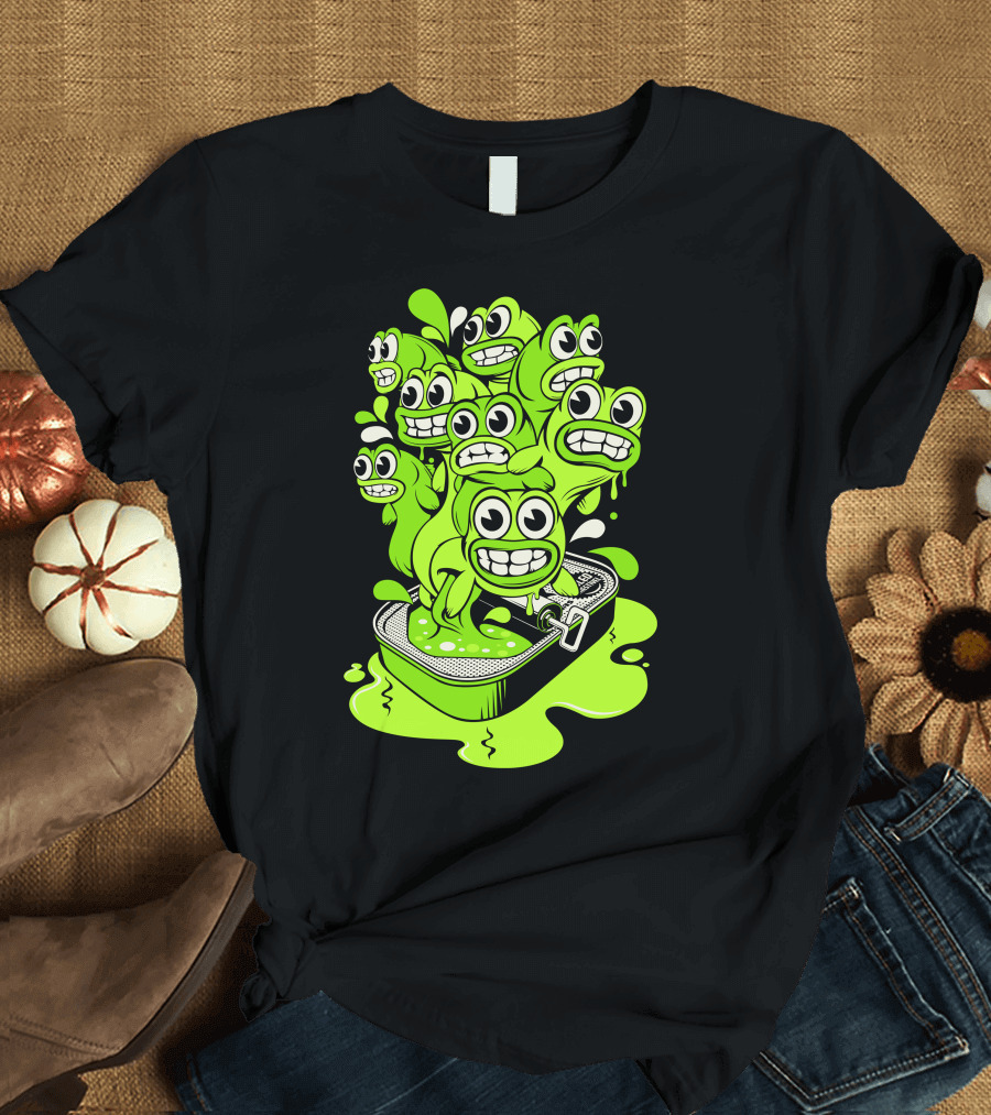 Sardines Escaping Cartoon Faces Brimming from Can T-Shirt