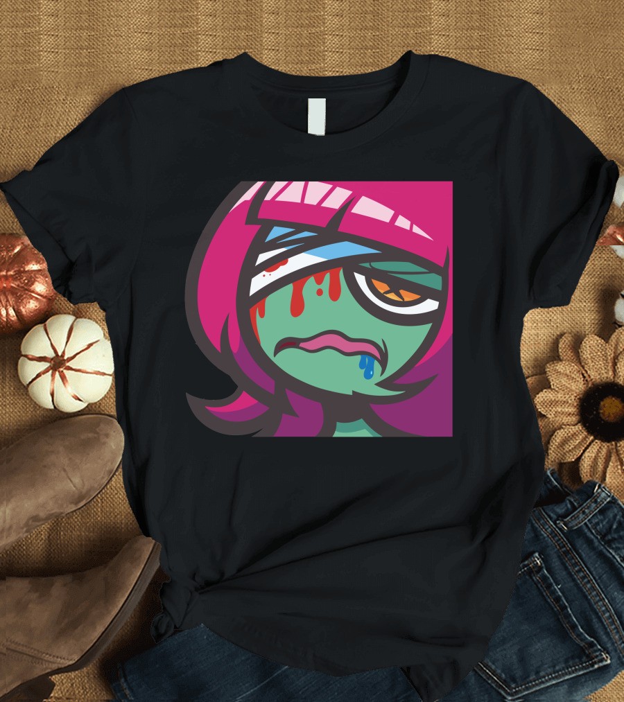 Sick Zombie Cartoon with Pink Hair and Green Face T-Shirt