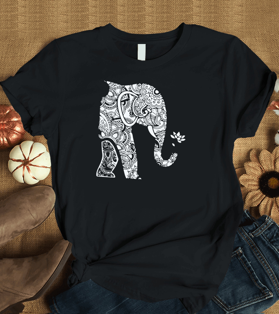 Mandala Floral Pattern Left Side Elephant with Lotus Flower T-Shirt