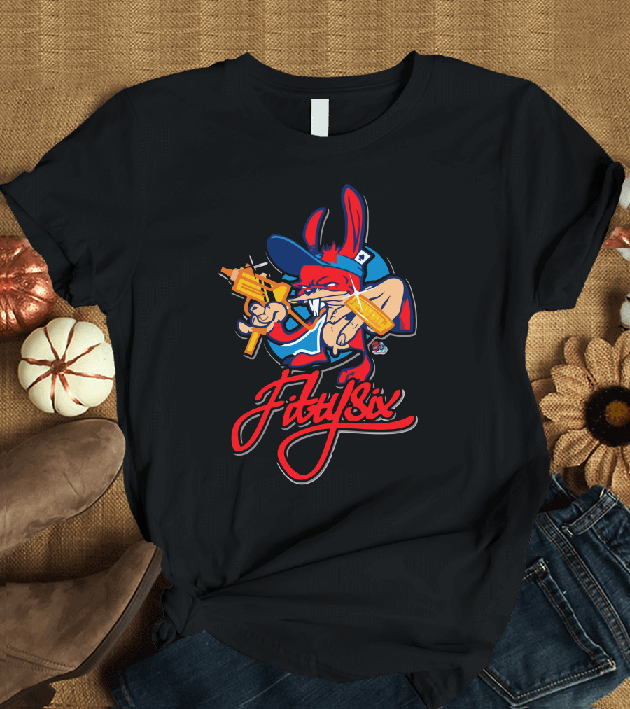 Fiftysix Gangster Rabbit Cartoon with Gold Gun and Hip-Hop T-Shirt