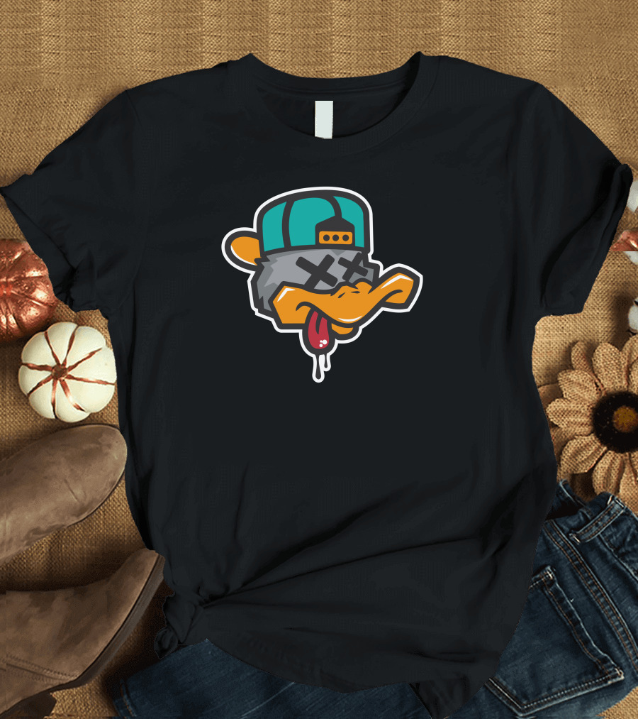 Playful Cartoon Duck with Cap and Dripping Tongue T-Shirt