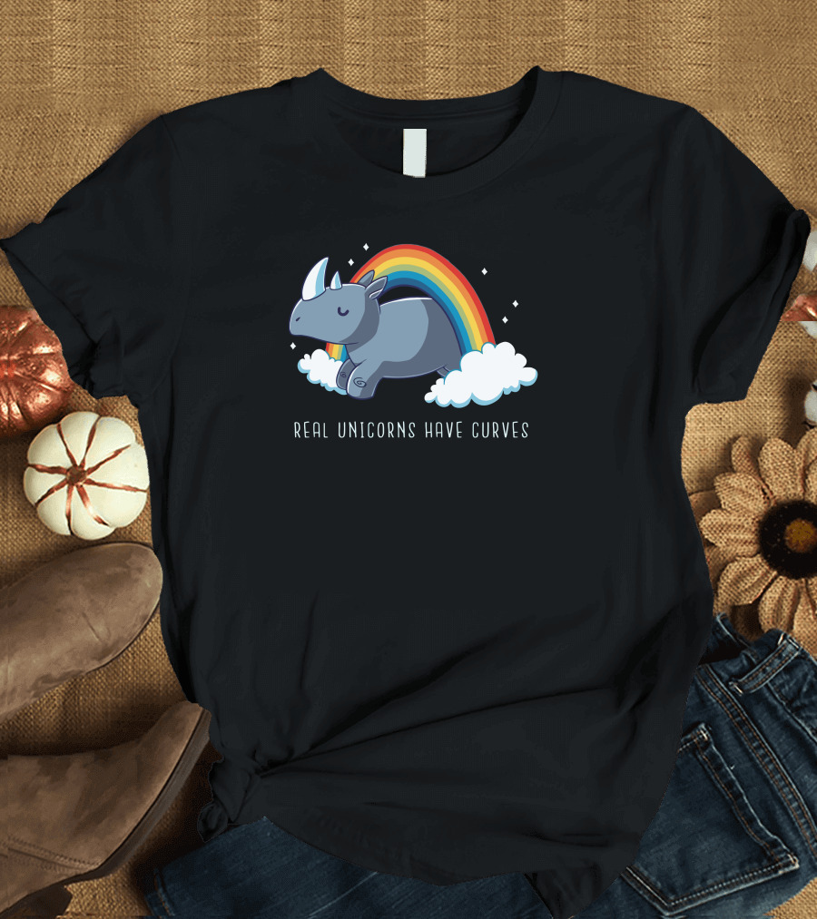 Real Unicorns Have Curves Rhino Rainbow Clouds T-Shirt
