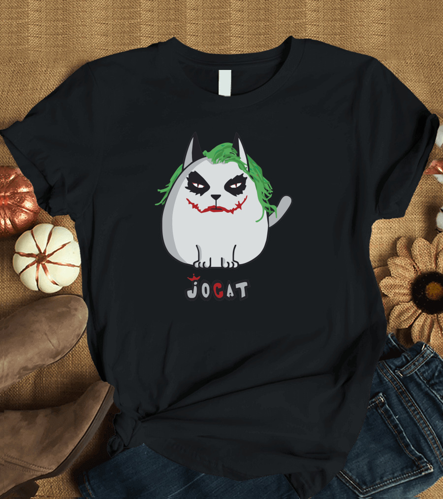 JoCat Joker Cat Face with Green Hair and Red Smile T-Shirt