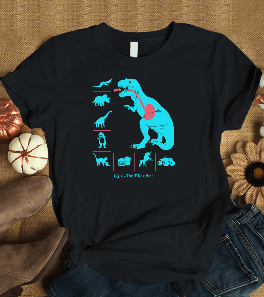 Fig.1. - The T-Rex Diet Featuring Dinosaurs, Burger, and Truck Elements T-Shirt