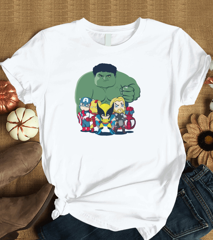 Kawaii Heroes Marvel Superheroes Group Captain America Iron Man Wolverine Thor Hulk Spider-Man T-Shirt