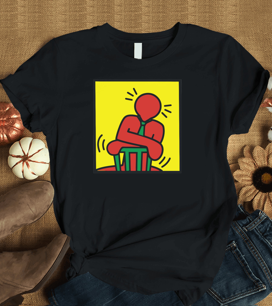 Keith Haring Figure Leaning on Chair Vibrant Yellow Background T-Shirt