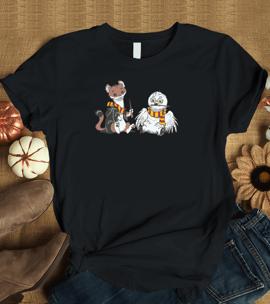 The Owl and the Weasel Wizard Duo with Red and Yellow Scarves T-Shirt