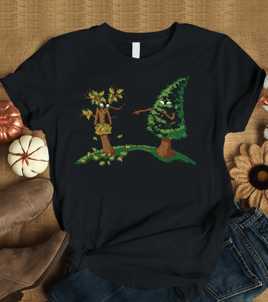 Autumn Leafy Tree Embarrassment with Pointing Evergreen T-Shirt