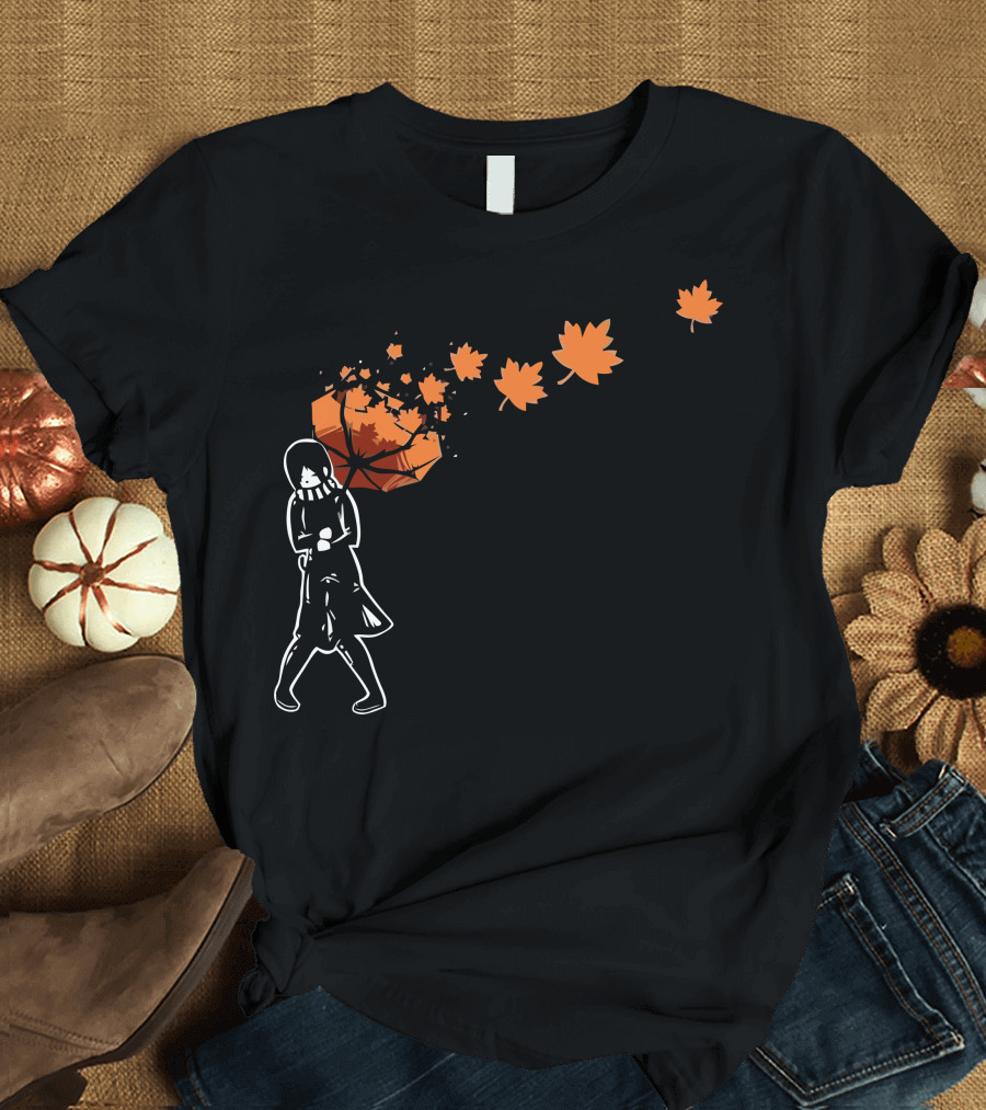 Autumn Breeze Leaves and Umbrella T-Shirt
