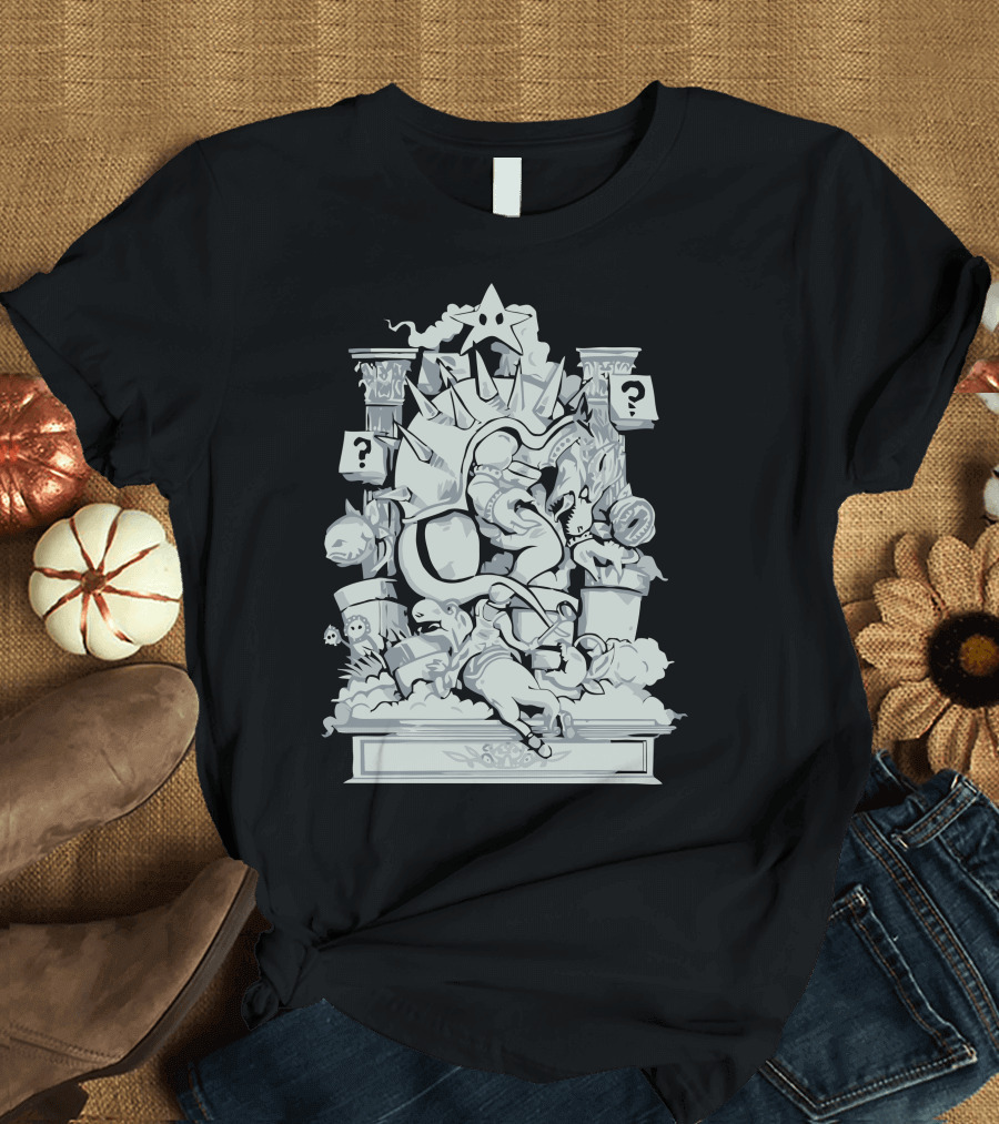 Bowser's Mushroom Kingdom Battle Scene with Question Blocks and Classic Characters T-Shirt