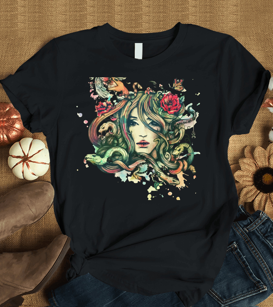 Beauty Before Death Enchanting Medusa with Snakes and Roses T-Shirt