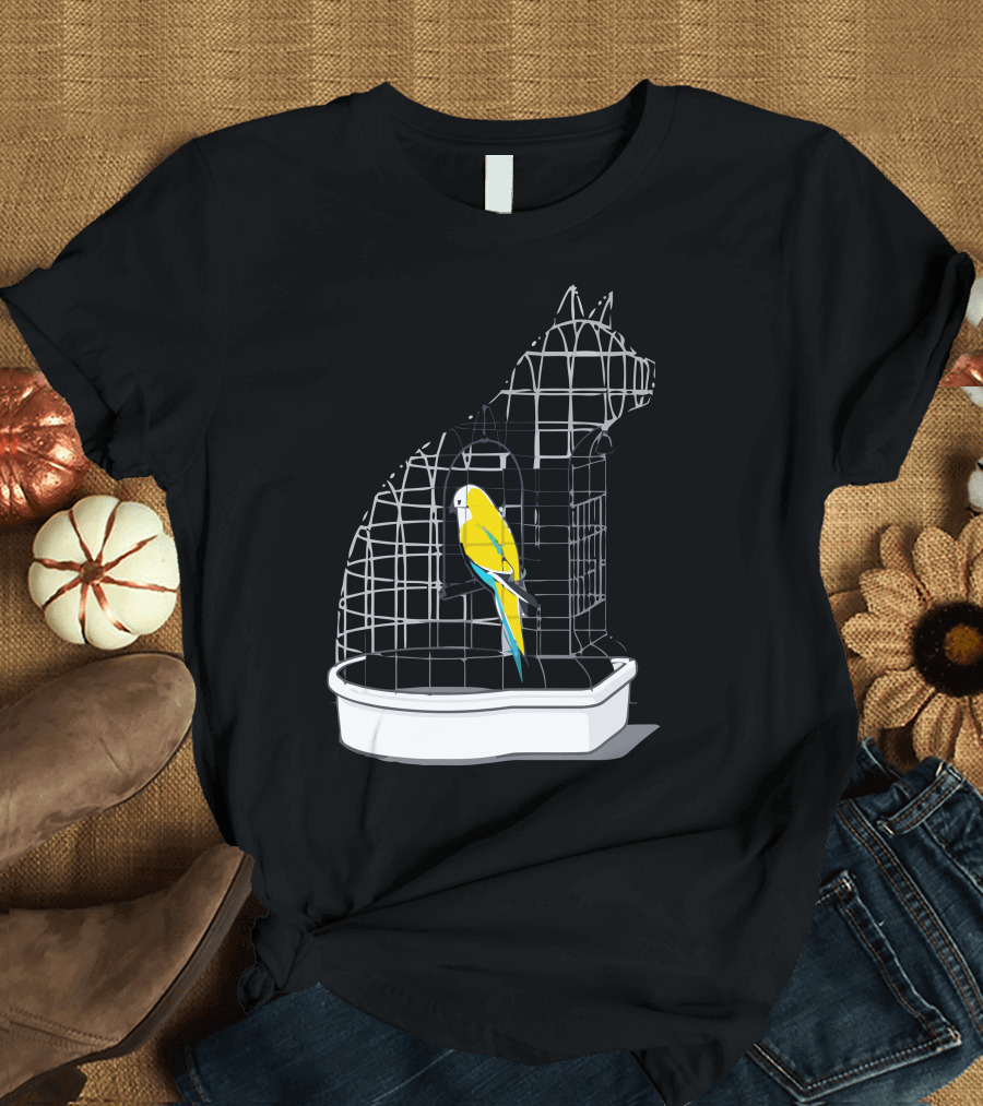 Captive Cat-Shaped Birdcage with Yellow Parrot T-Shirt