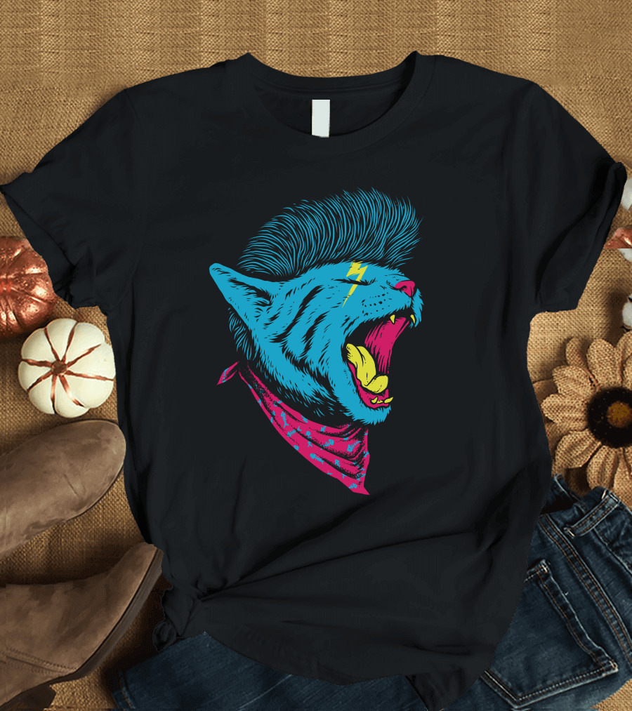 Cat Punk Roaring Blue with Lightning Bolt Mohawk and Red Bandana T-Shirt