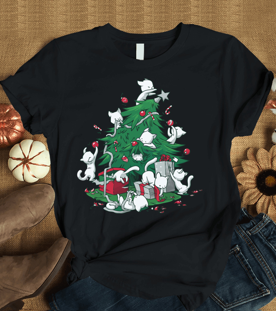 Cat Mischief Around the Christmas Tree with Gifts and Candy Canes T-Shirt