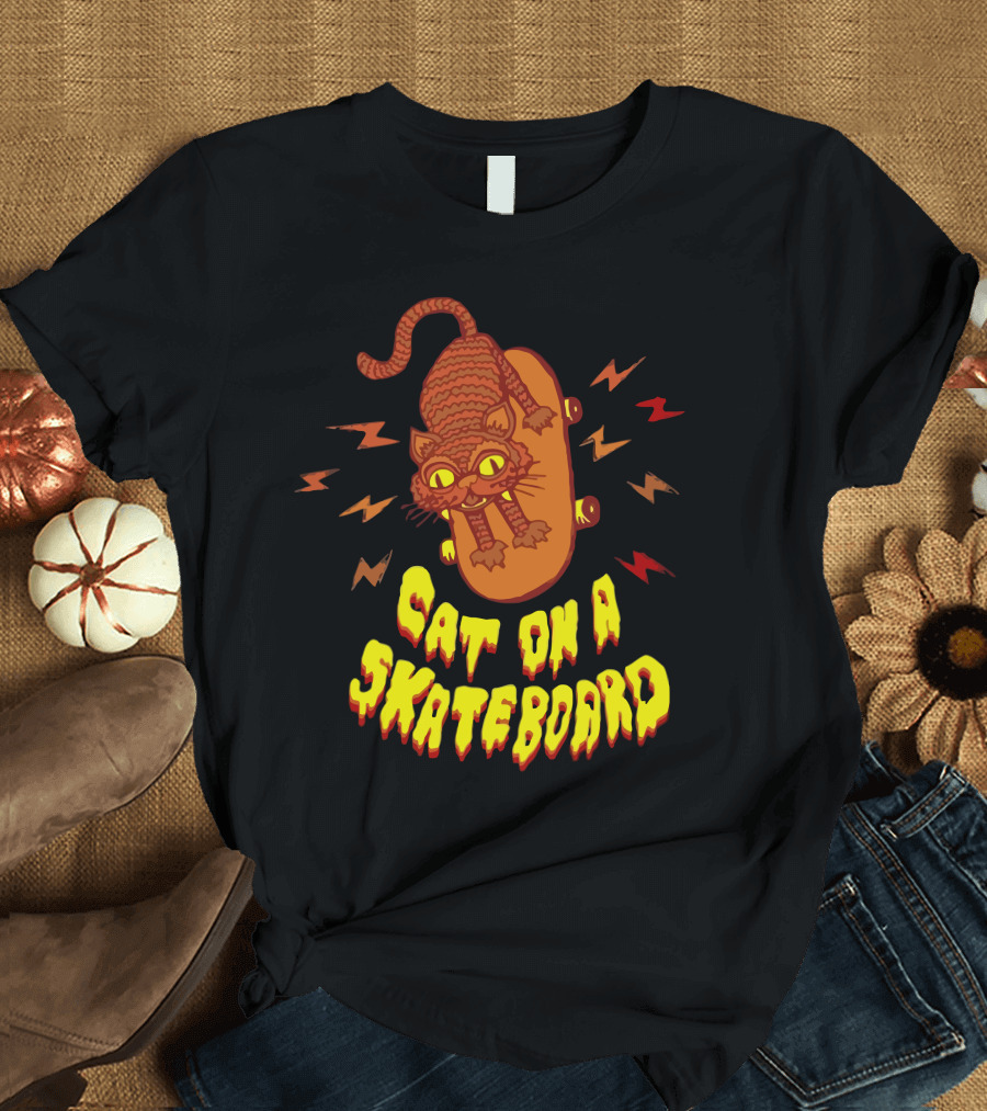 Cat on a Skateboard Playful Feline Cartoon Vibrant Lightning T-Shirt