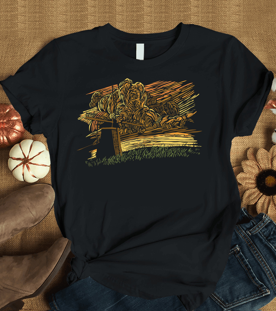 Chasing Windmills Sunset Landscape with Vibrant Sky and Fields T-Shirt