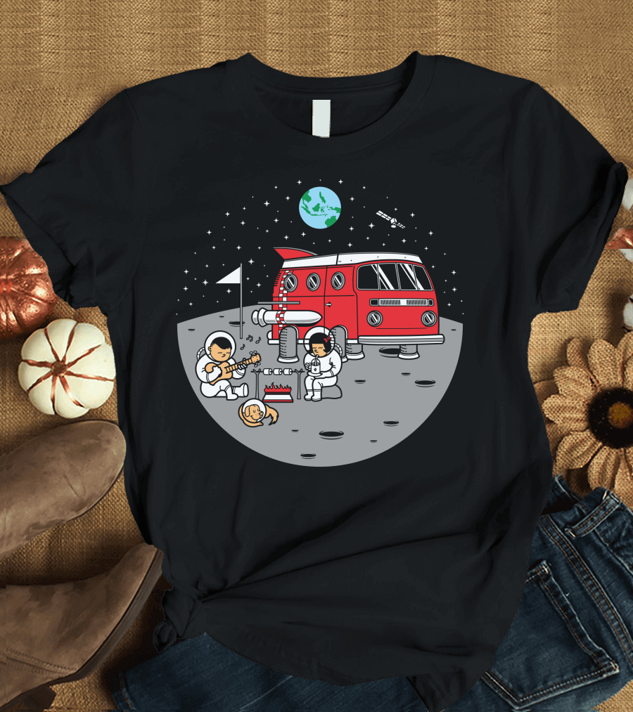 Combistronaut Moon Campfire Jamming with Guitar and Space Van T-Shirt