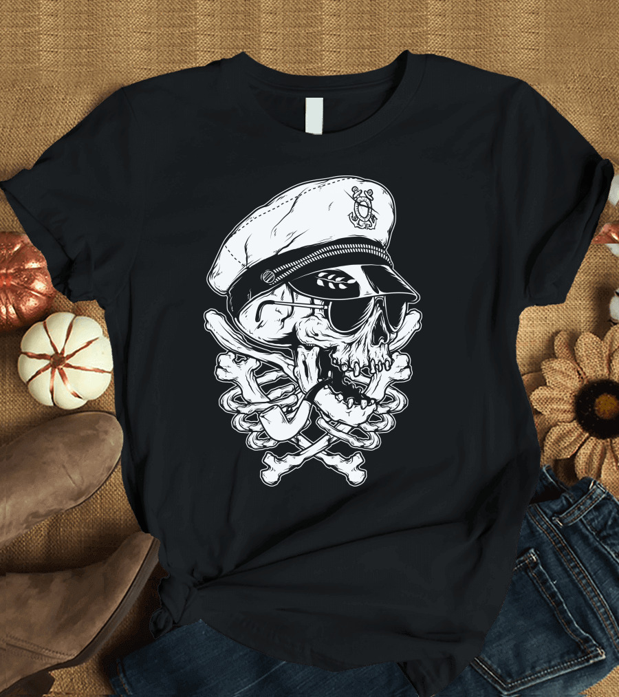 Death Captain Skull in Sailor Hat with Crossbones and Pipe T-Shirt