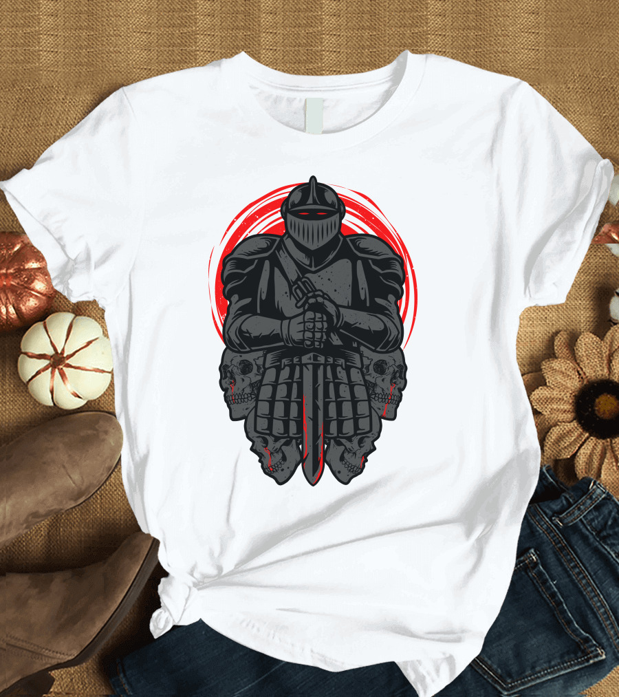 Death Knight Grim Warrior Amidst Skulls and Red Aura T-Shirt