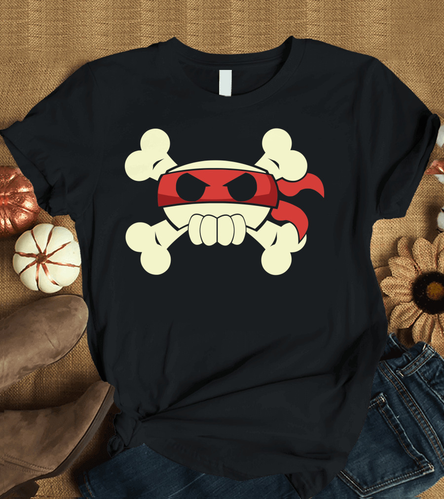 Ninja Pirate Skull Crossbones with Red Bandana T-Shirt