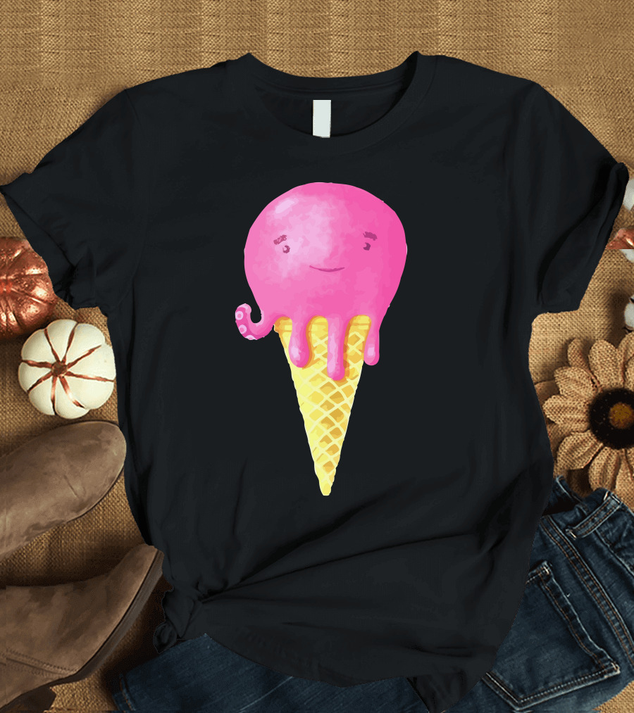 Octopus Ice Cream Cone Pink Smiling Head Waffle Cone T-Shirt