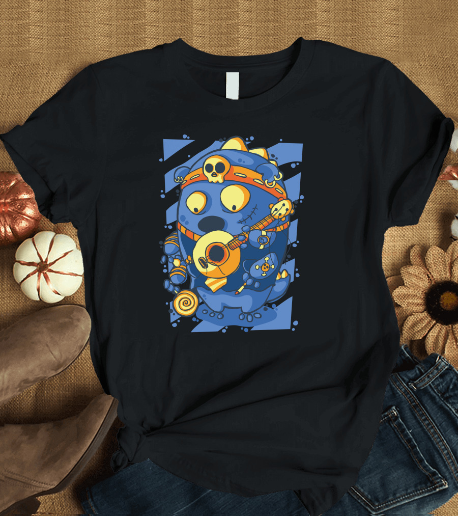 Ooops Blue Cartoon Monster Playing Guitar with Skull Headband and Candy T-Shirt