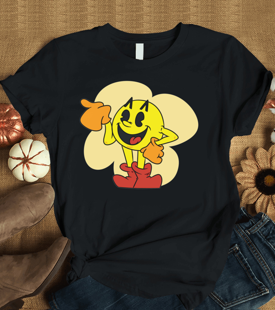Pac Man Classic Cartoon Character with Devil Horns and Boots T-Shirt
