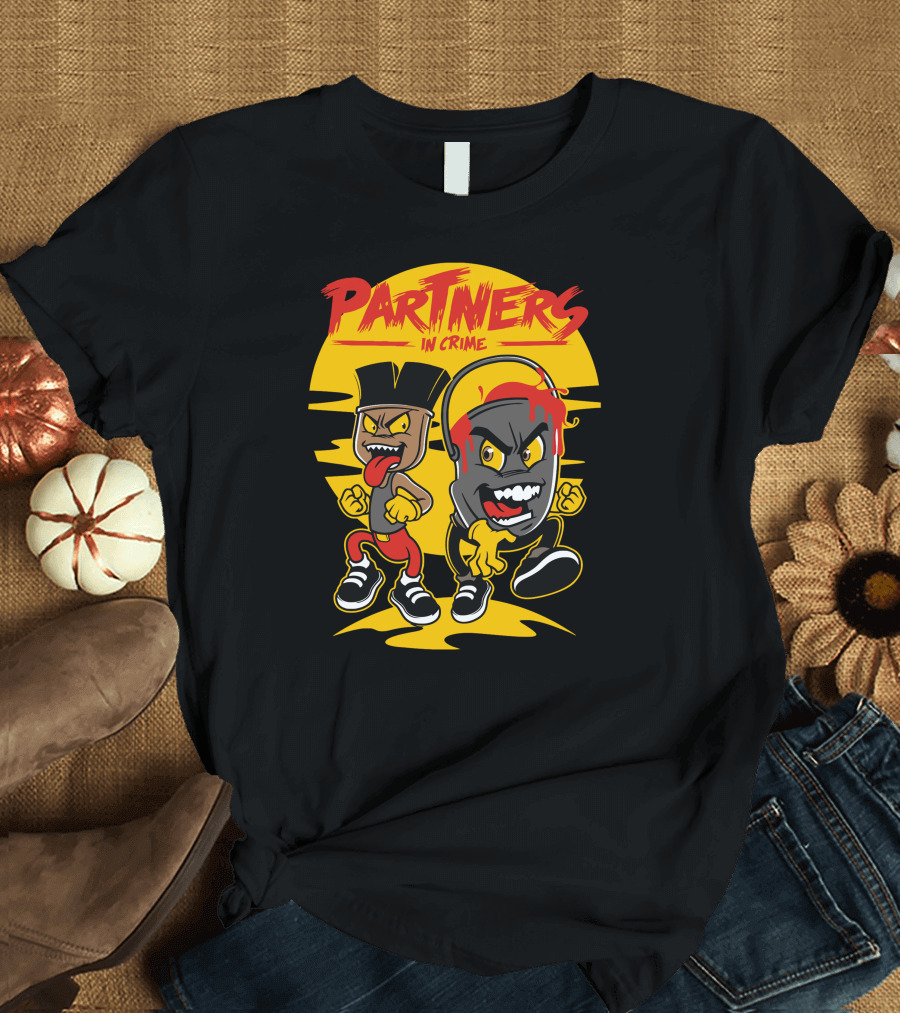 Partners in Crime Cartoon Characters with Headphones and Moustache T-Shirt
