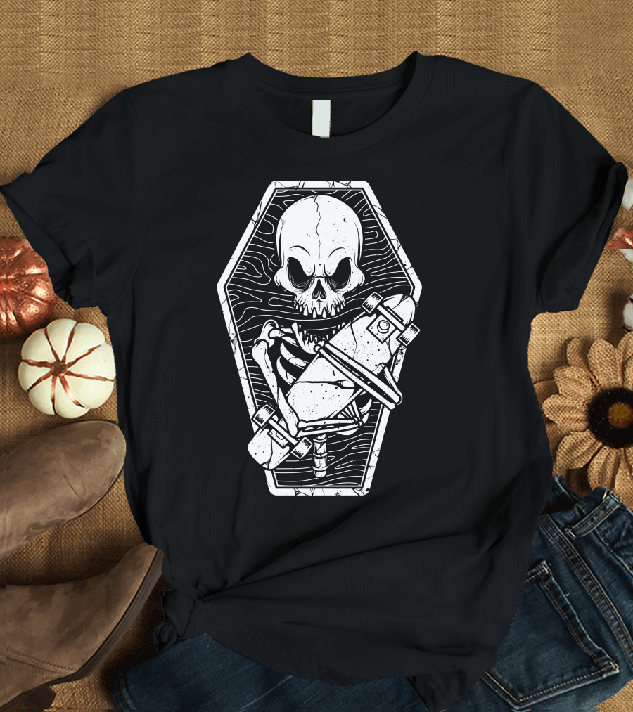 Skate Until The End Skeleton in Coffin with Skateboard T-Shirt
