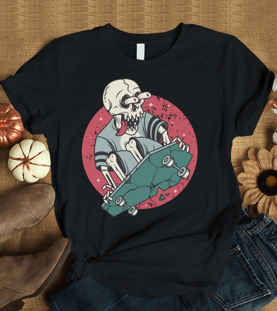 Skullboarding Skeleton Skateboarder with Red Circle Background T-Shirt
