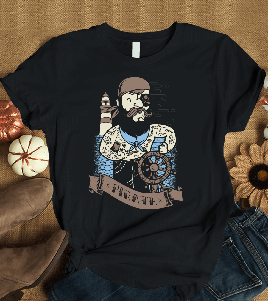 Pirate Adventure of the Sea with Lighthouse and Ship Wheel T-Shirt